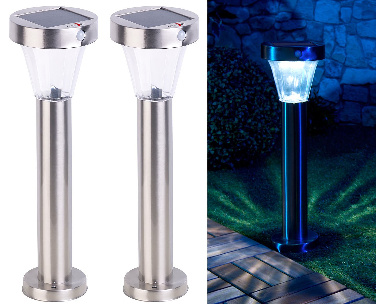 Lunartec Silva Solar-Wegeleuchte 2er-Set Edelstahl mit Bewegungsmelder