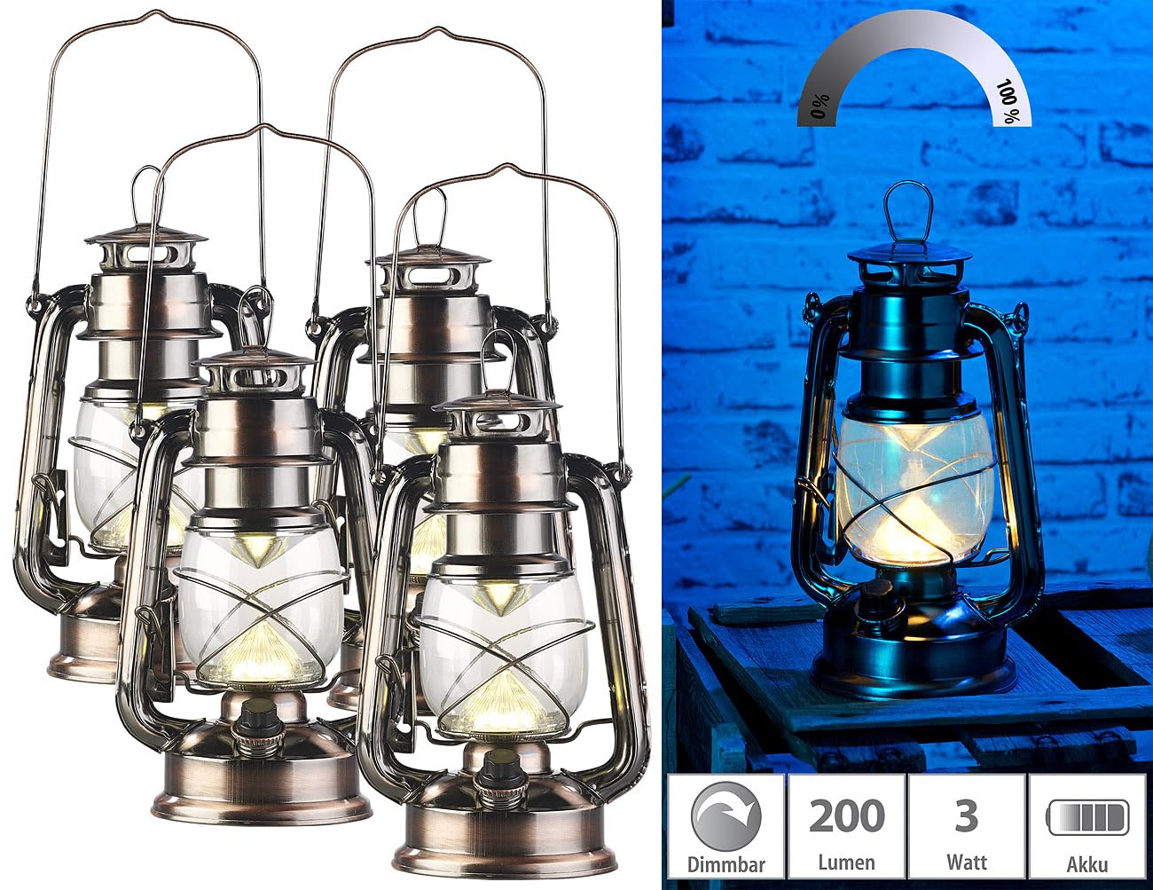 Lunartec Taschenlampen LED-Sturmlaterne Batterie 4er-Set bronze warmweiß