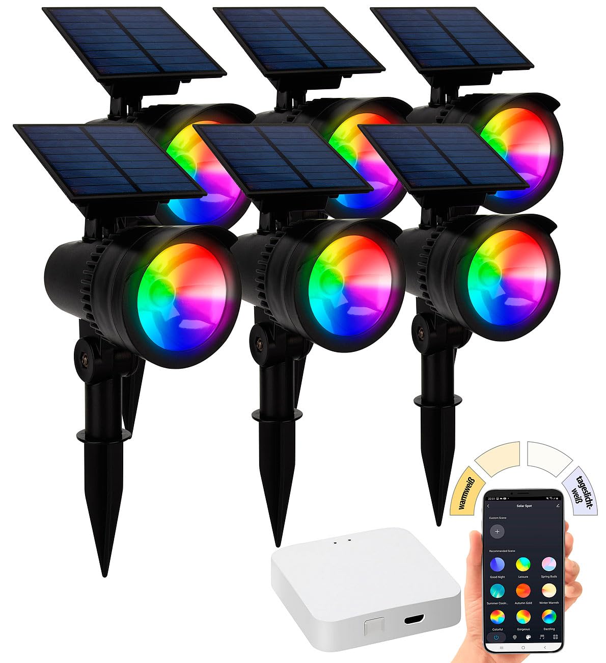 Lunartec Außenbeleuchtung Solar Erdspieß 6er-Set RGB-CCT App
