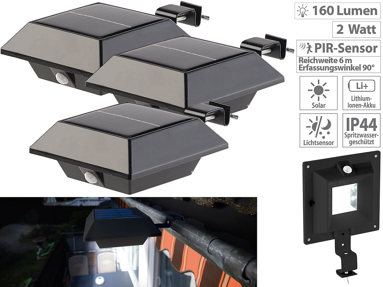 Lunartec Außenbeleuchtung Solar-Dachrinnenleuchte 160 lm 3er-Set mit Sensor