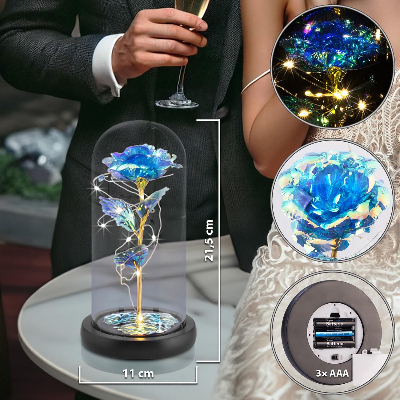 Lunartec Licht-Dekoration LED-Rose Glas kristallblau 21,5 cm