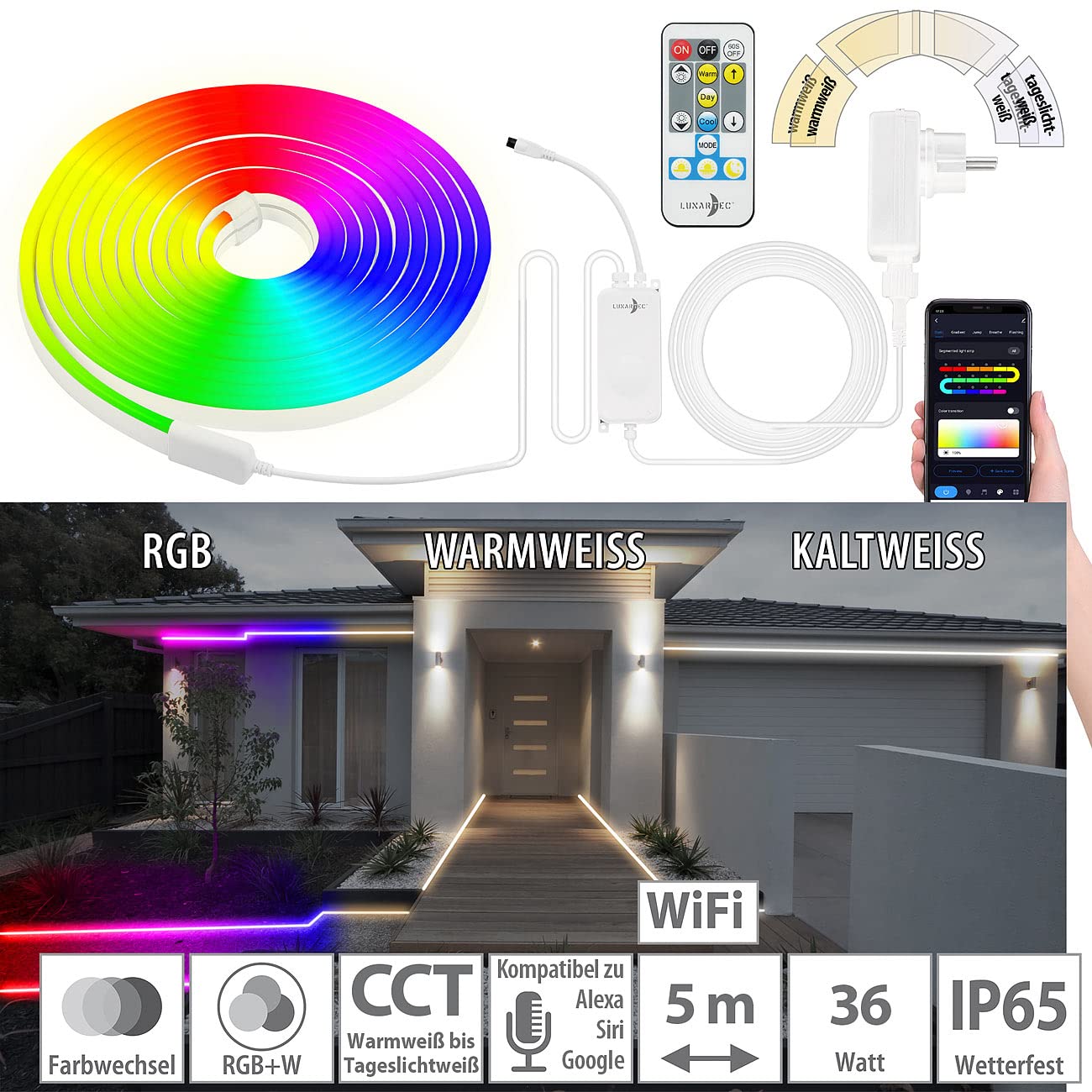 Lunartec Innenbeleuchtung WLAN Neon-Schlauch RGBW 5m IP65