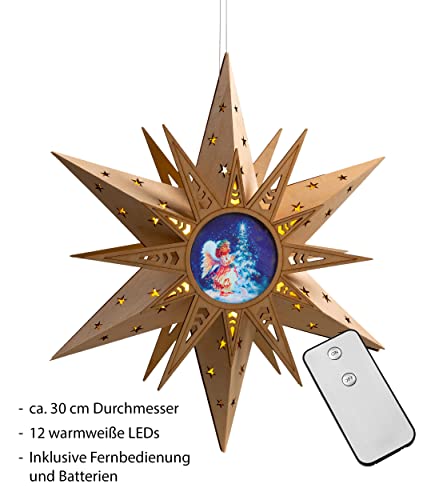 Bonetti Holzstern 30 cm LED Fensterstern Engel warmweiß