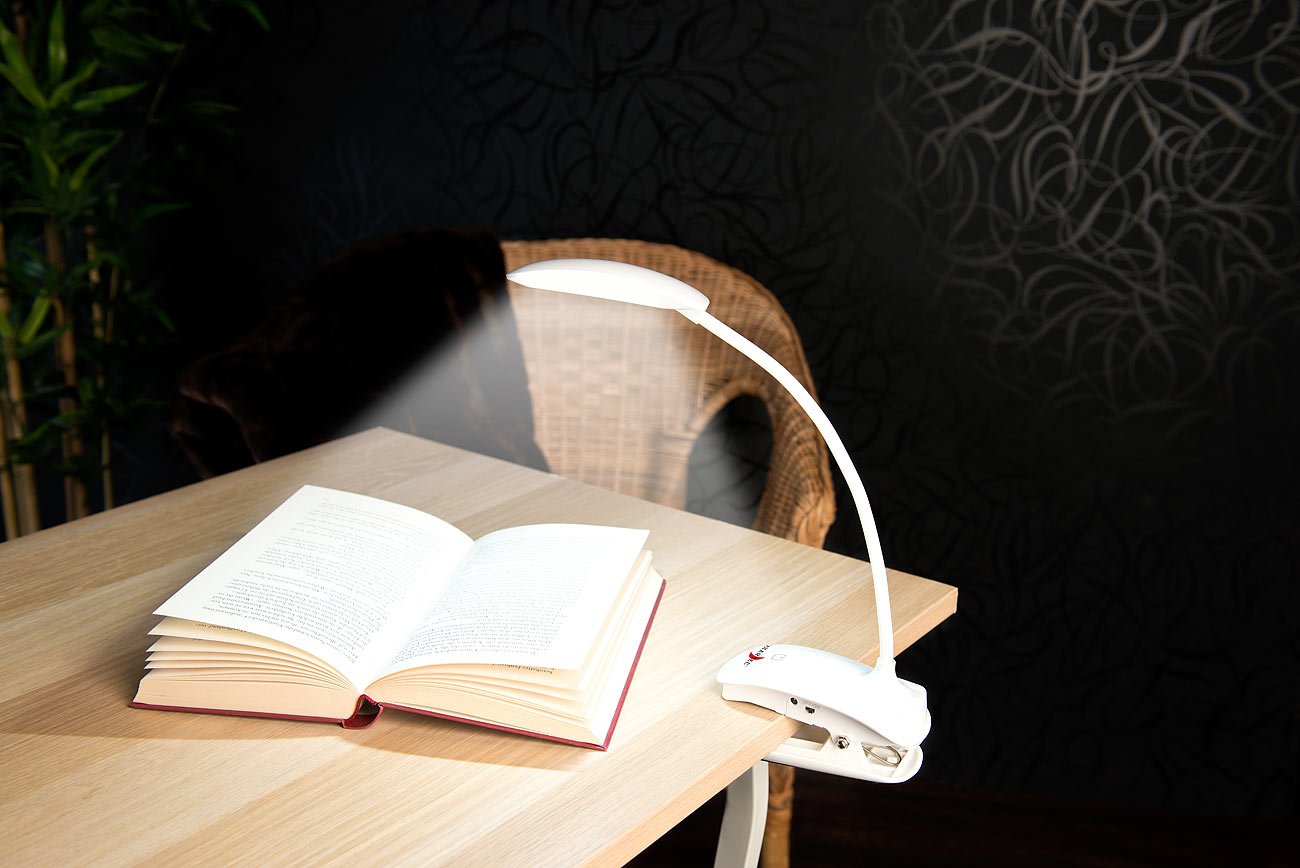 Lunartec Klemmleselampe Akku Schwanenhals 3W COB-LED USB
