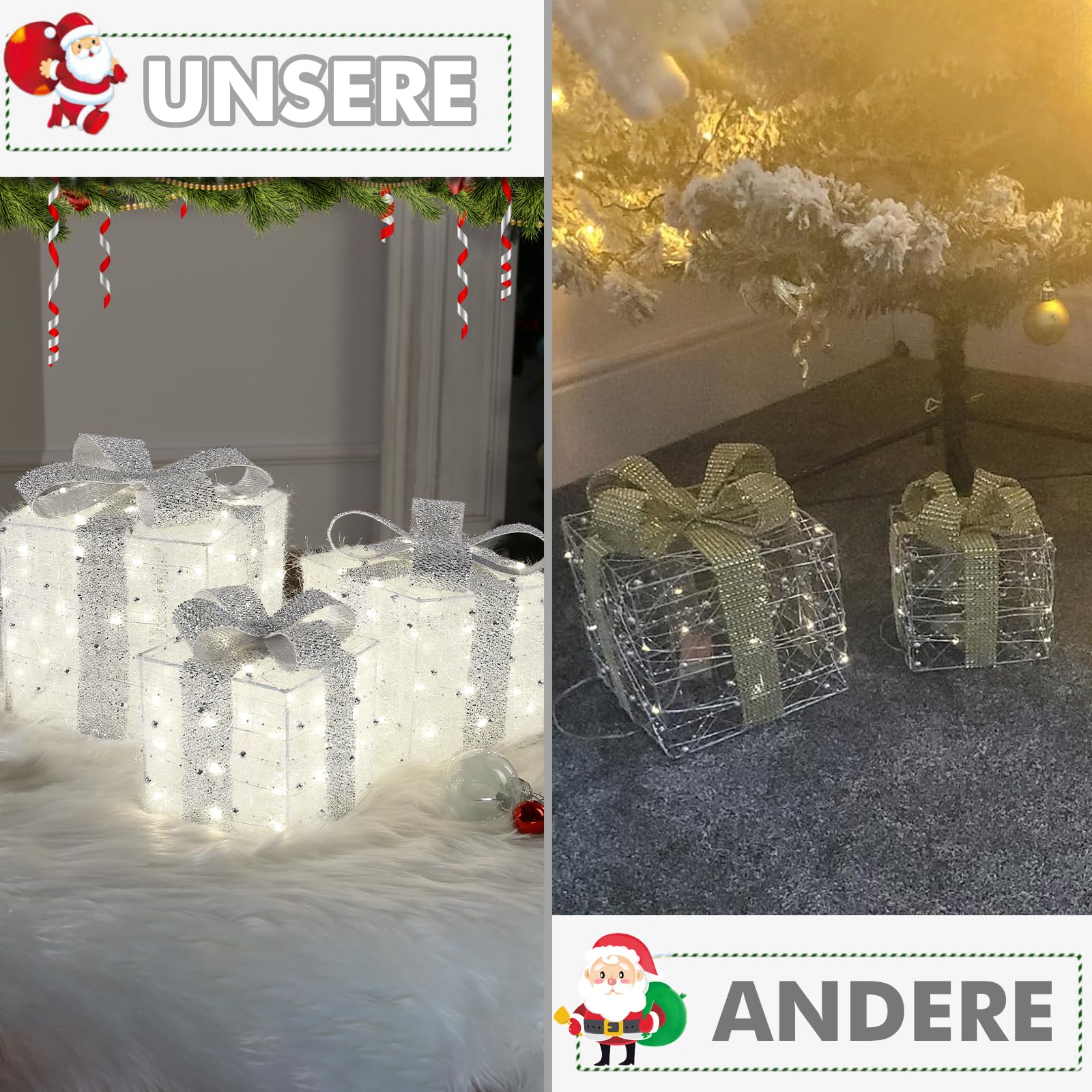 elktry LED Geschenkbox 3er Set silber mit Timer 140 LEDs