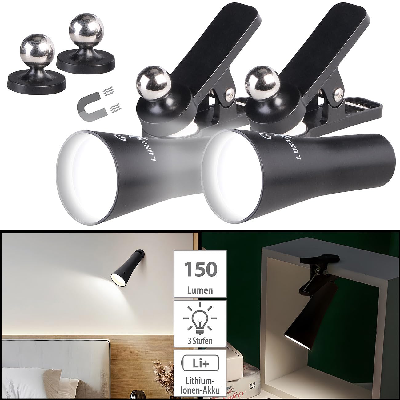 Lunartec Taschenlampen 3in1 Akku-Leuchte schwarz 2er-Set