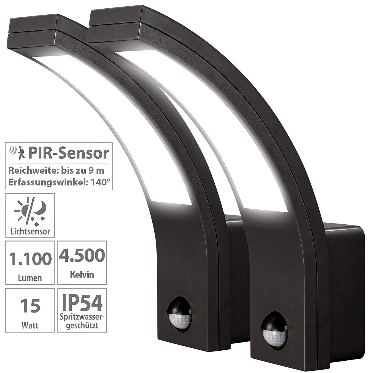 Lunartec Außenbeleuchtung LED-Wandleuchte 2er-Set mit Bewegungsmelder