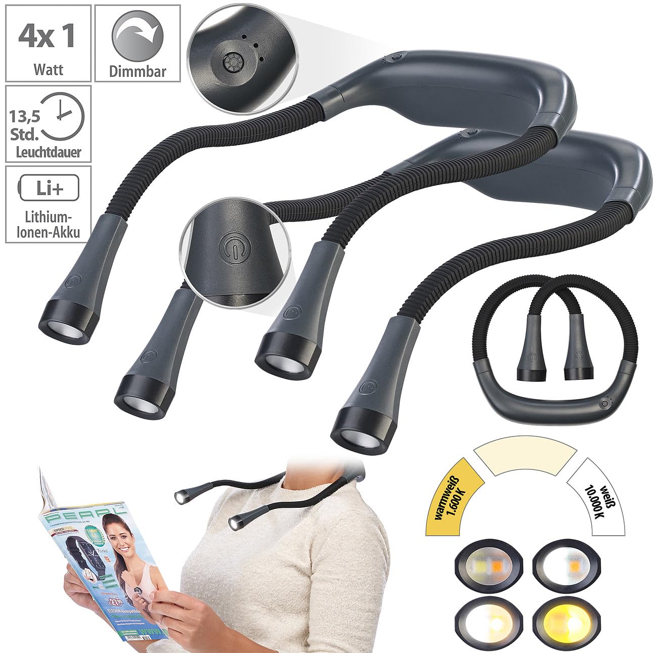 Lunartec Taschenlampen LED-Hals-Leselampe 2er-Set 4W dimmbar