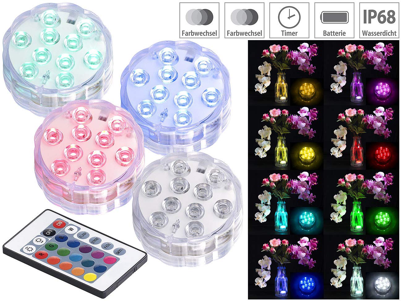 Lunartec Außenbeleuchtung Poollicht 8er-Set RGB mit Fernbedienung
