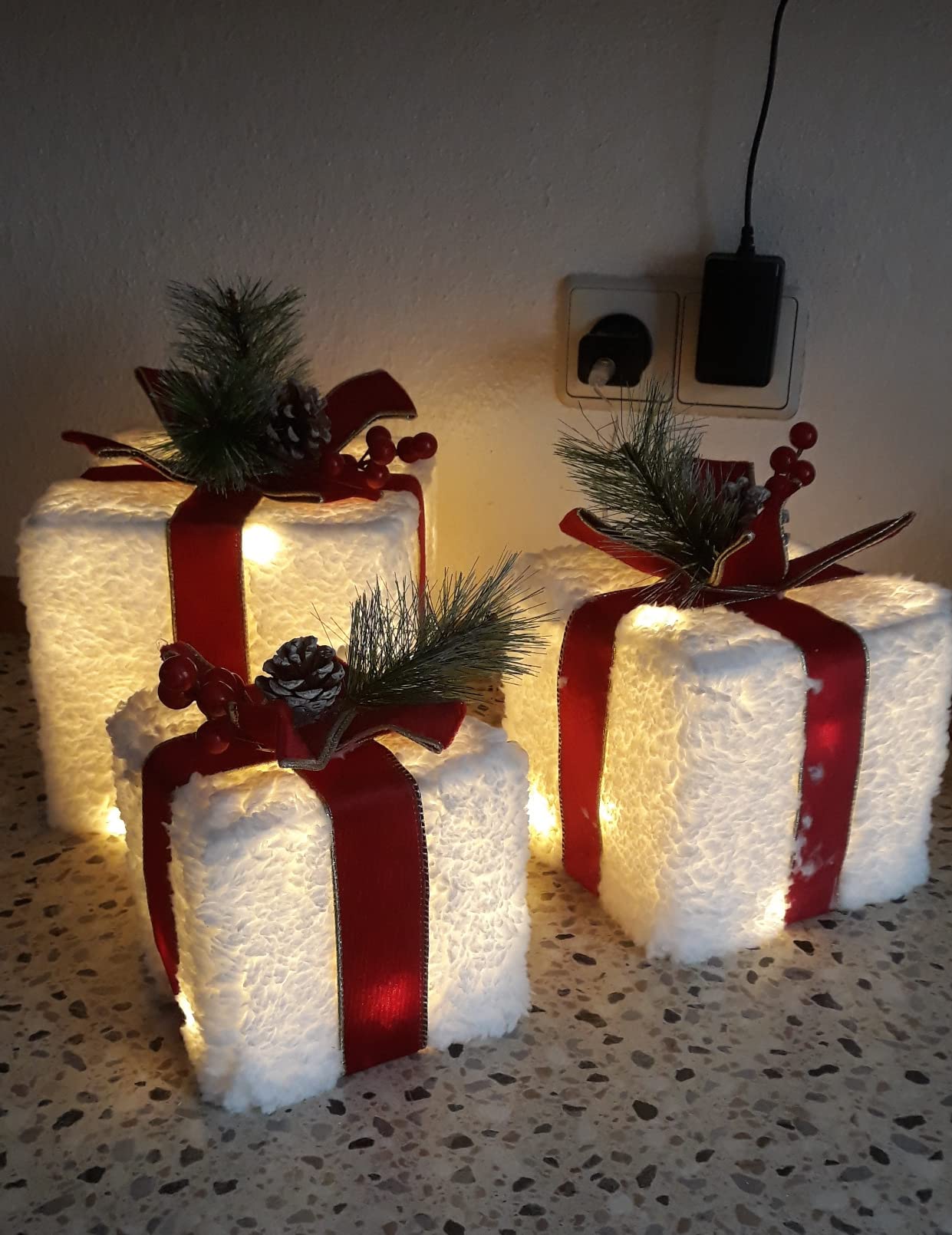 elktry LED Geschenkbox 3er Set silber mit Timer 140 LEDs