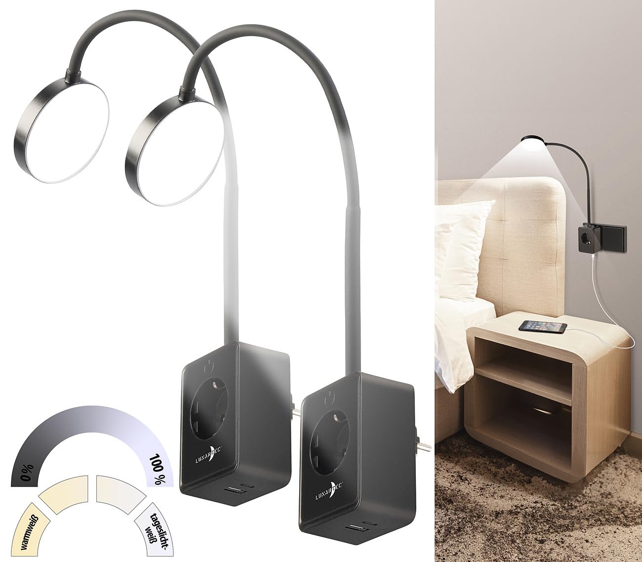 Lunartec Innenbeleuchtung Steckerleuchte 2er-Set schwarz mit USB