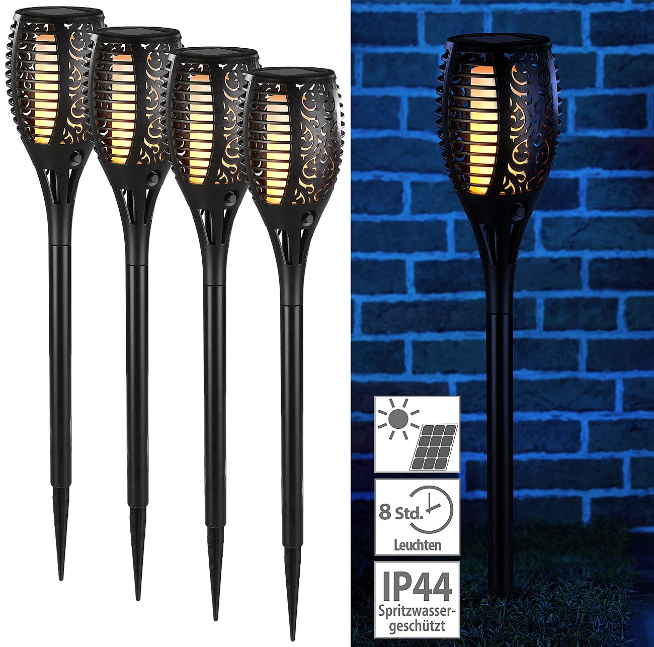 Lunartec Außenbeleuchtung Solar-Gartenfackel 58cm 4er-Set