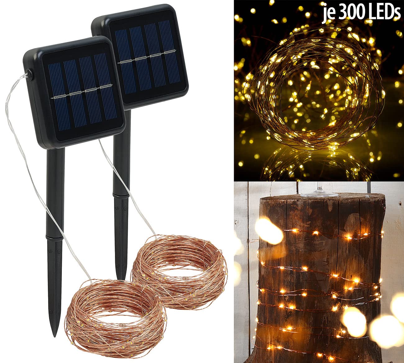 Lunartec Solar-Lichterkette warmweiß 30m 2er-Set Kupferdraht