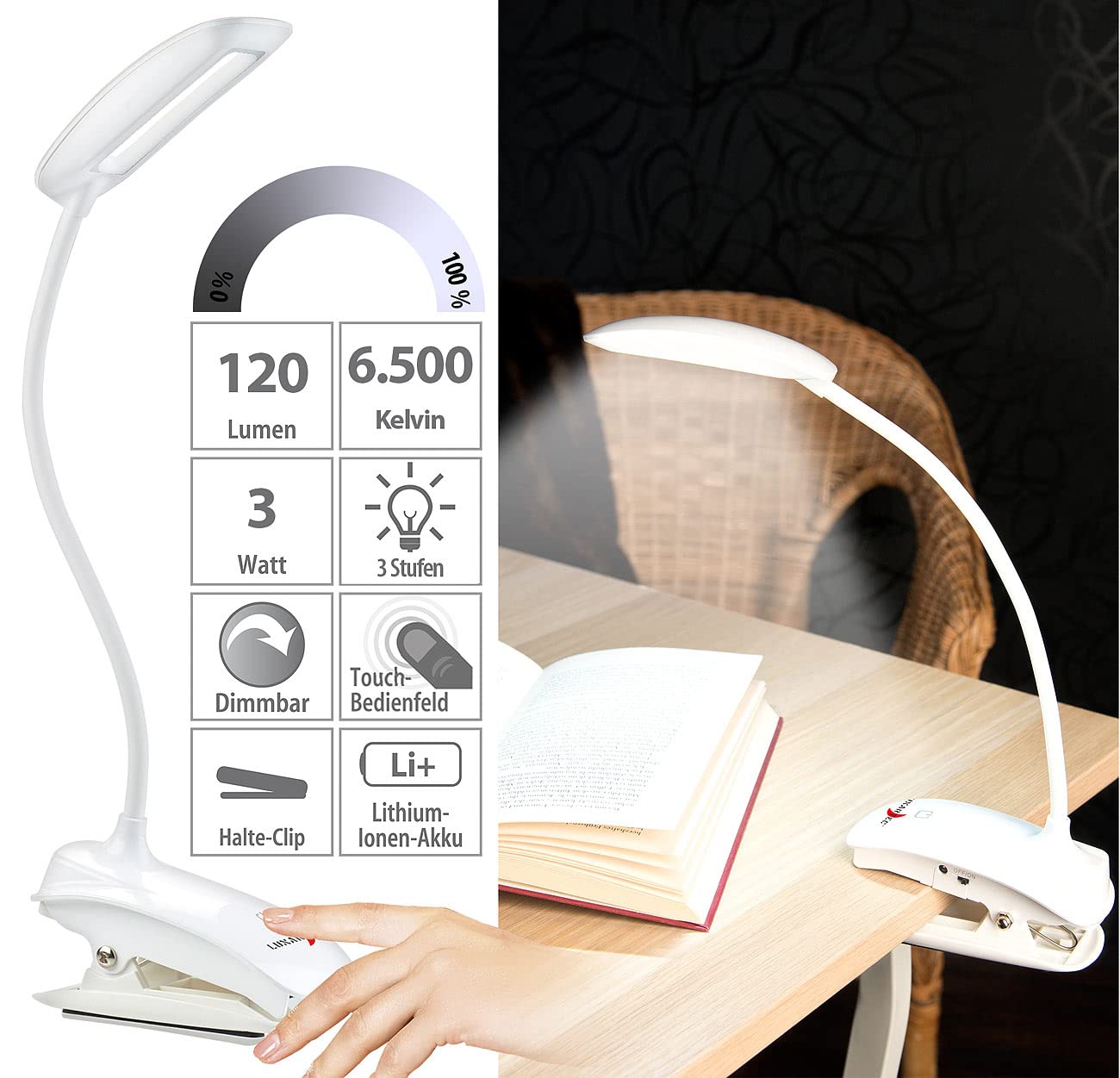 Lunartec Klemmleselampe Akku Schwanenhals 3W COB-LED USB