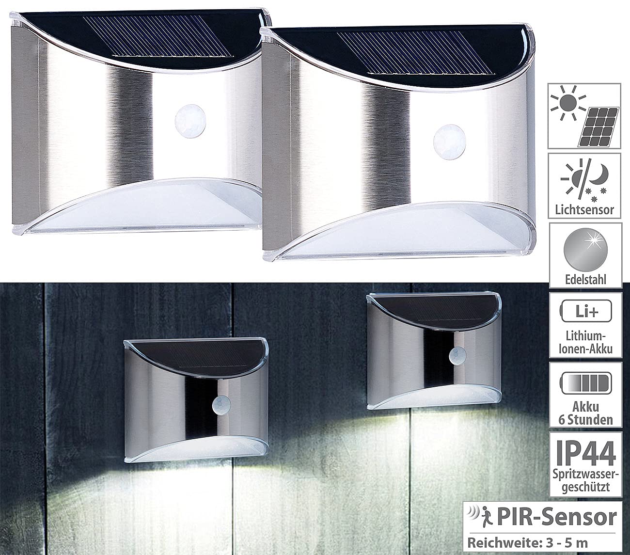 Lunartec Außenbeleuchtung WL-130.solar LED-Wandleuchte 2er-Set 20lm