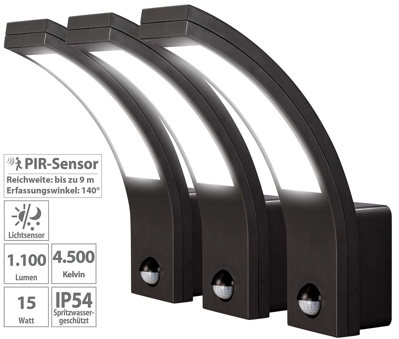 Lunartec Außenbeleuchtung LED-Wandleuchte PIR 1100lm 3er-Set