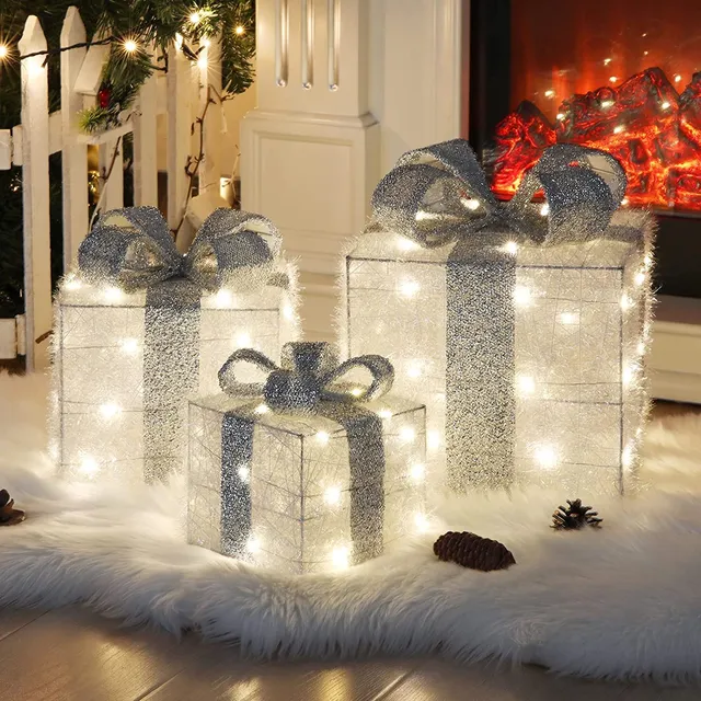 elktry LED Geschenkbox 3er Set silber mit Timer 140 LEDs