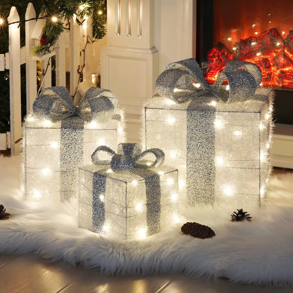 elktry LED Geschenkbox 3er Set silber mit Timer 140 LEDs