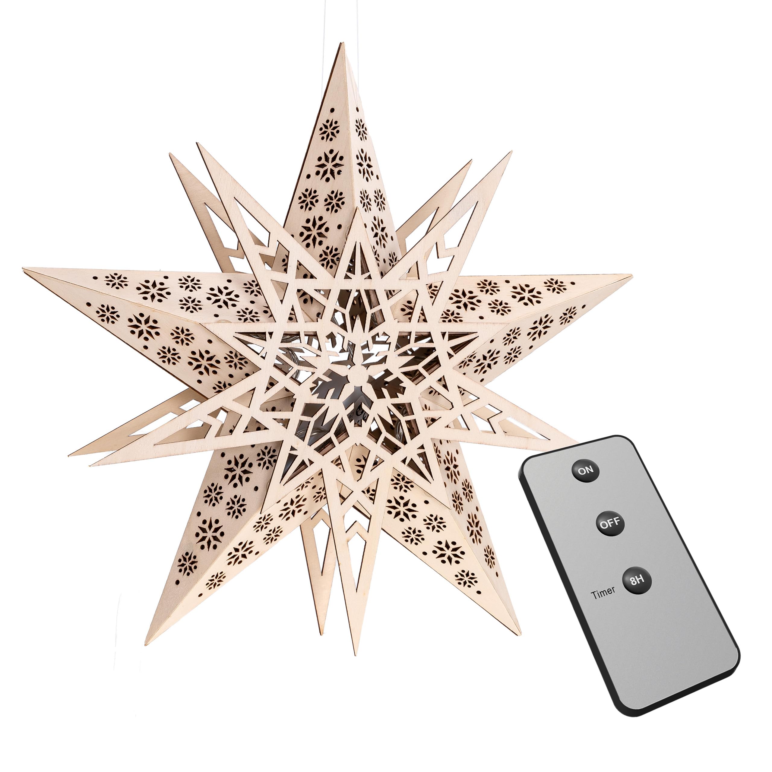 Bonetti Weihnachtsstern Holz 30 cm LED Stern Warmlicht Batterie