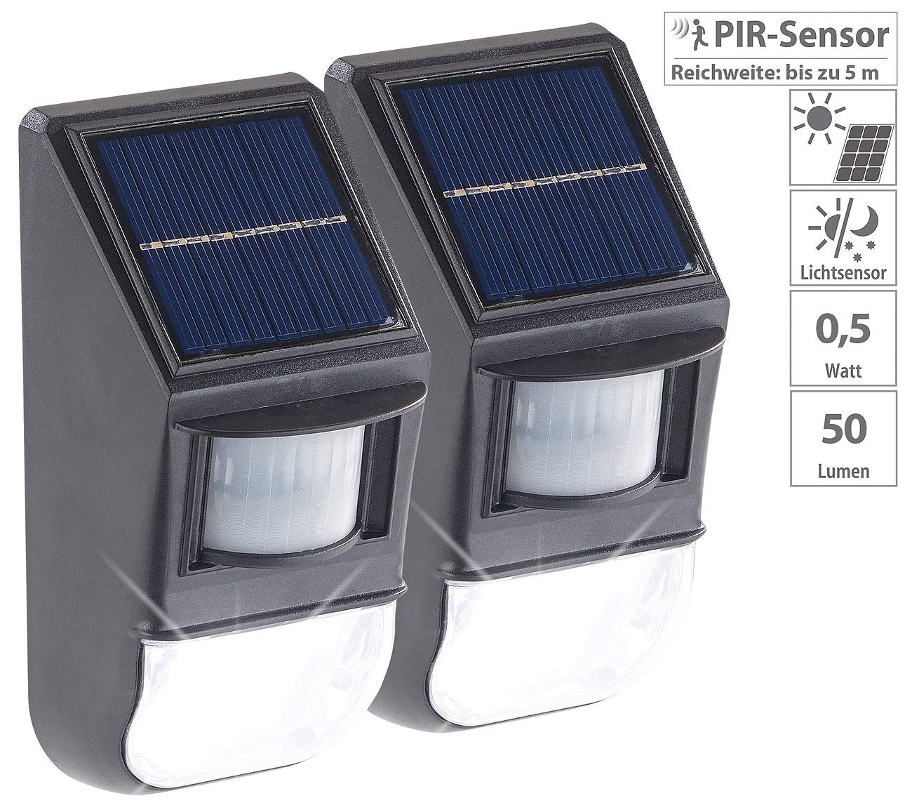 Lunartec Außenbeleuchtung Solar-Wandleuchte 2er-Set 50 lm Sensor