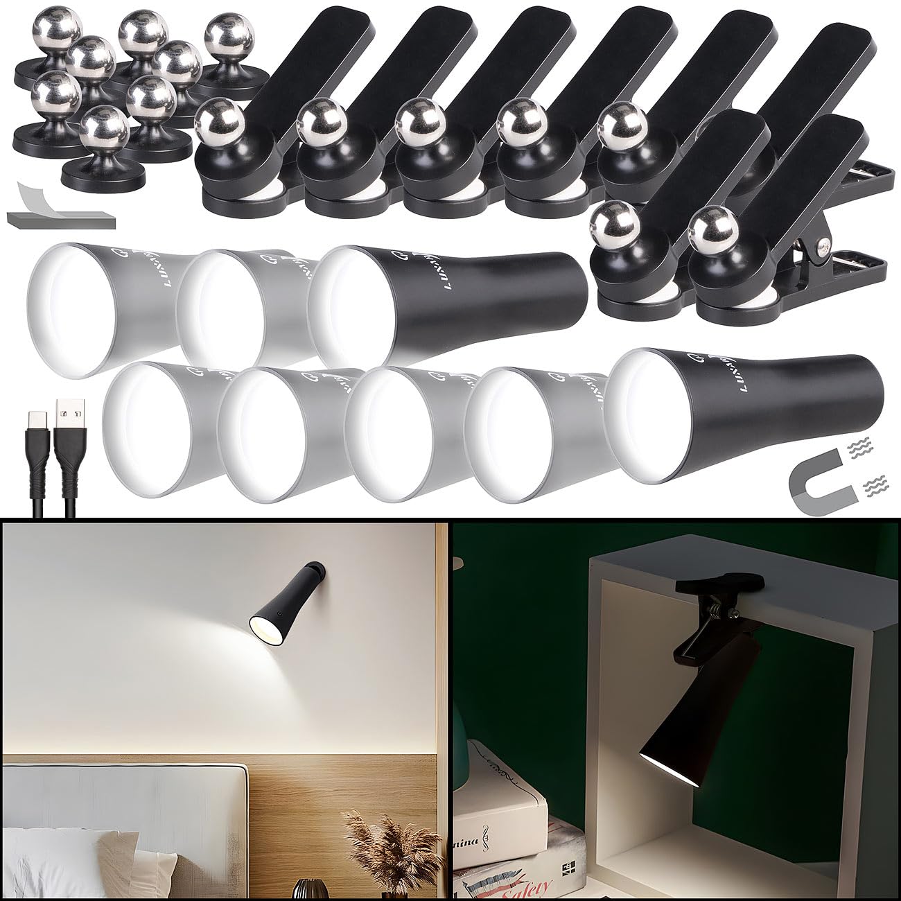 Lunartec Taschenlampen 3in1 Akku-Lampe schwarz 8er-Set 150 lm