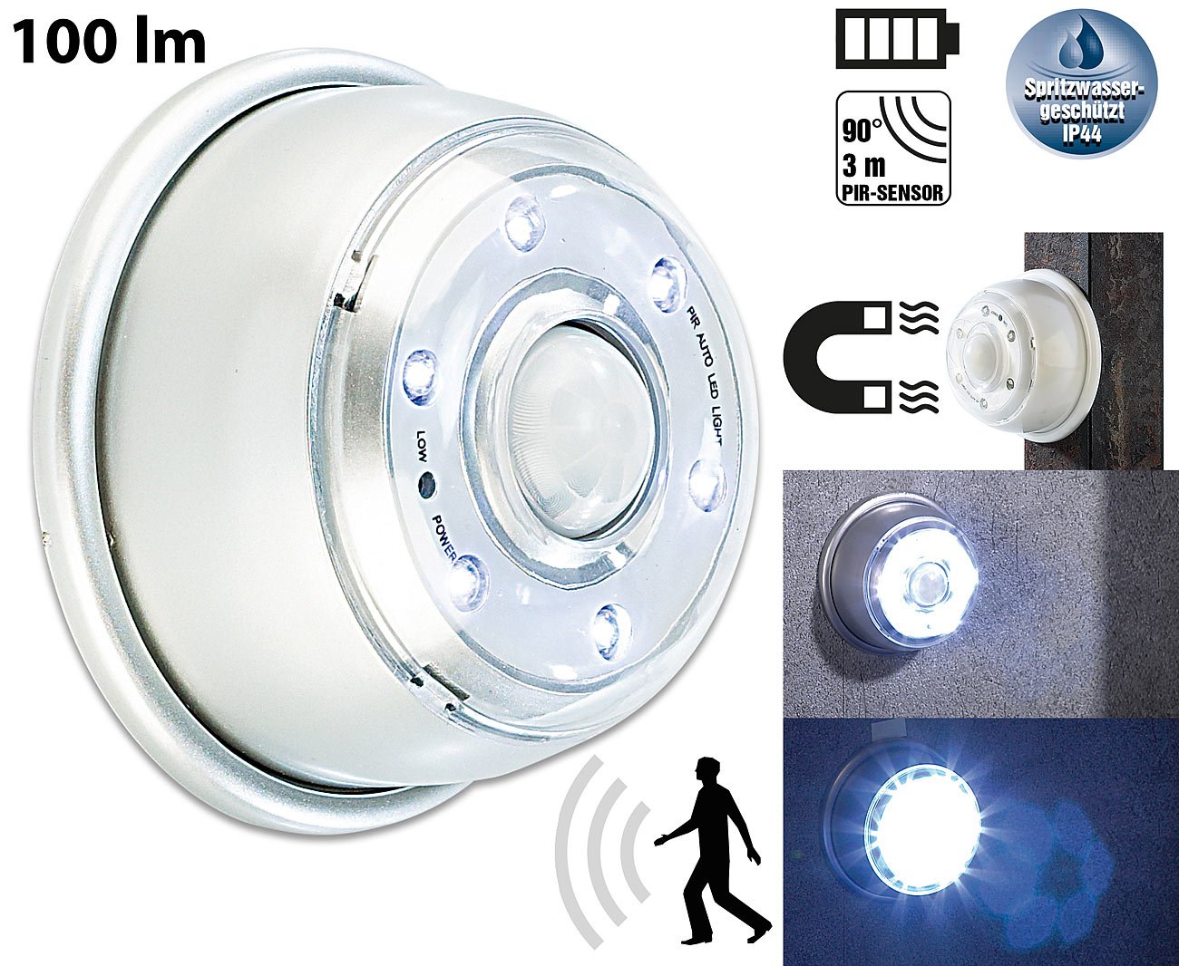 Lunartec Außenbeleuchtung LED Bewegungsmelder IP44 Magnet 100lm