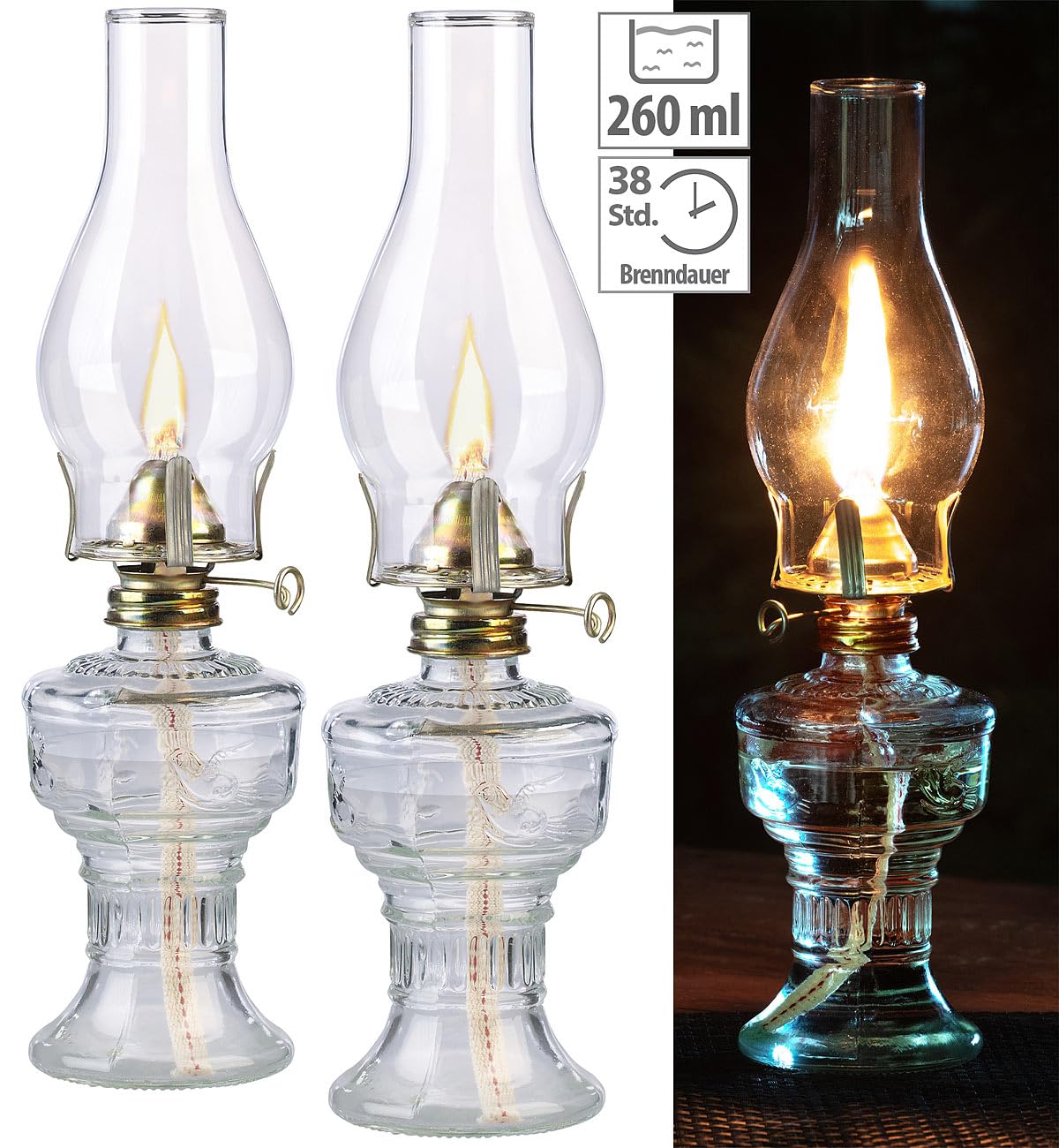 Lunartec Taschenlampen 2er Petroleum-Sturmlaterne 32 cm Glas