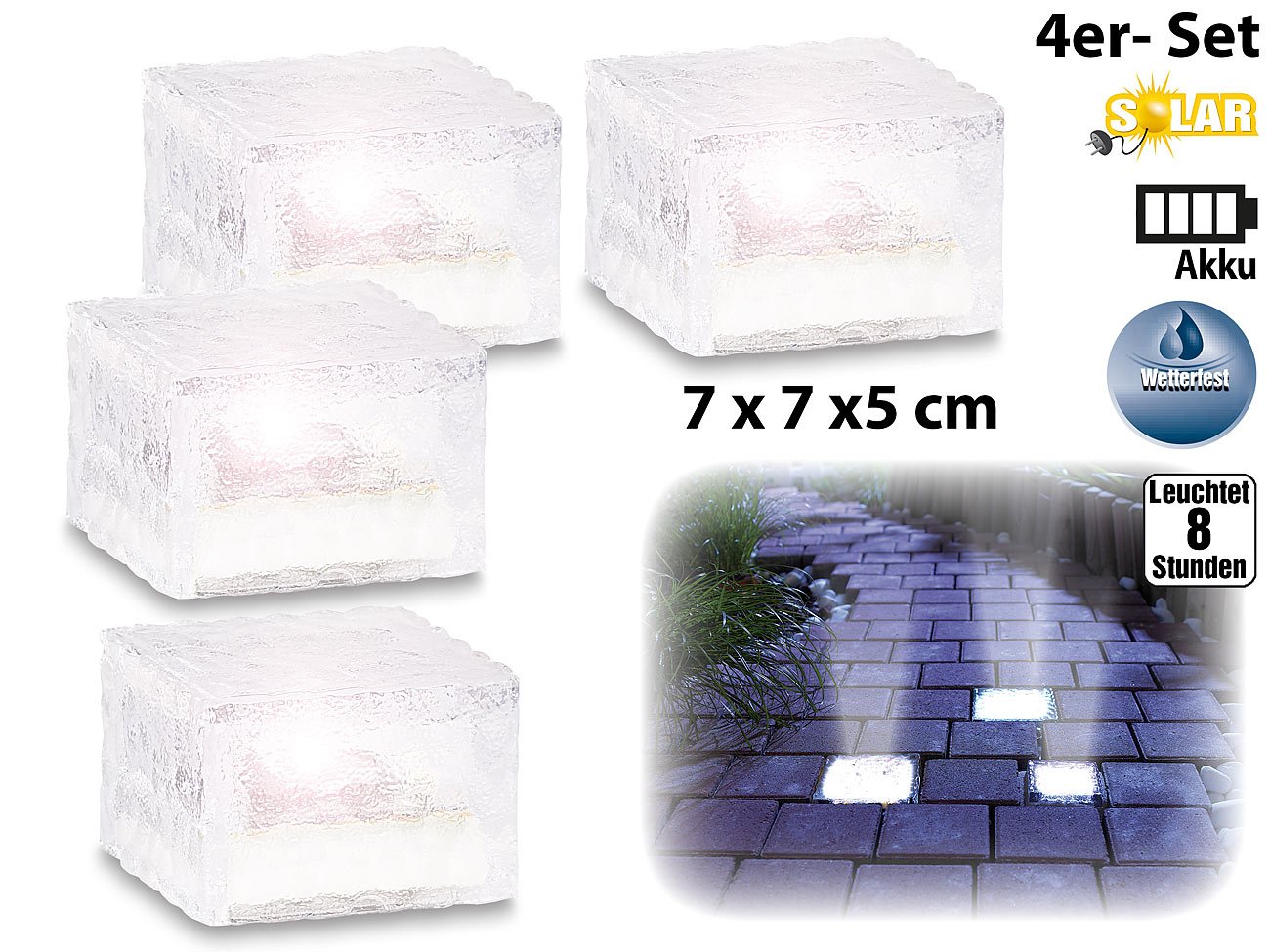 Lunartec Solar-Glasbaustein LED klein 7x7 cm 4er-Set