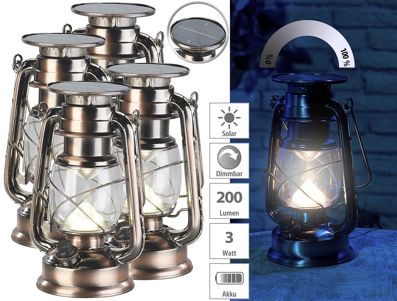 Lunartec Außenbeleuchtung Solar-Sturmlampe 4er-Set bronze 200lm