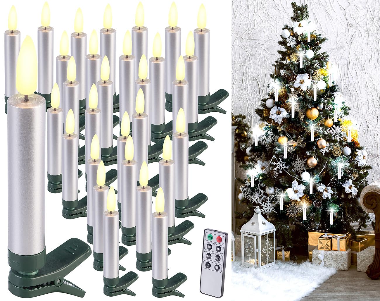 Lunartec Candles LED-Weihnachtsbaumkerzen 30er-Set silber
