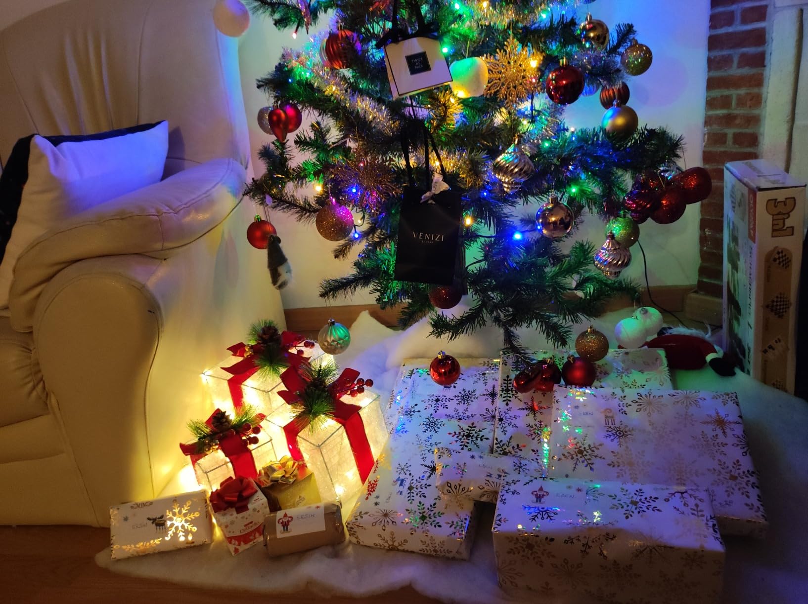 elktry LED Geschenkbox 3er Set silber mit Timer 140 LEDs