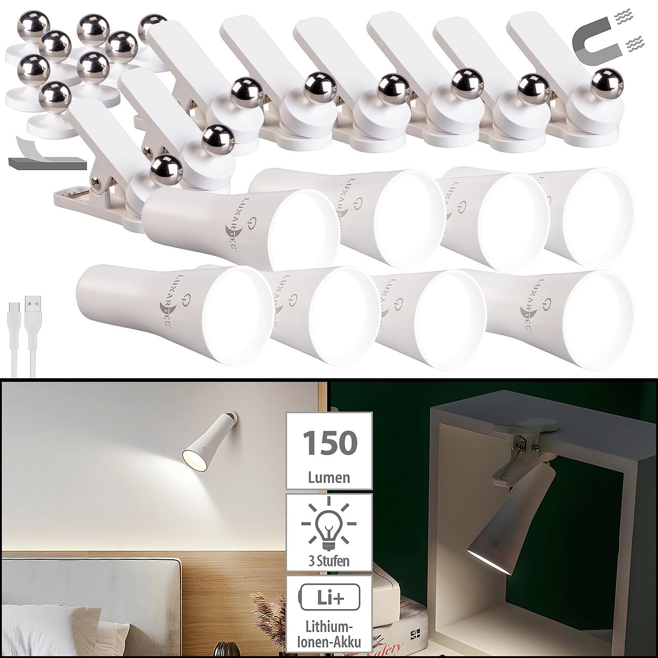 Lunartec Taschenlampen 3in1 Akku-Lampe 8er-Set weiß 150lm