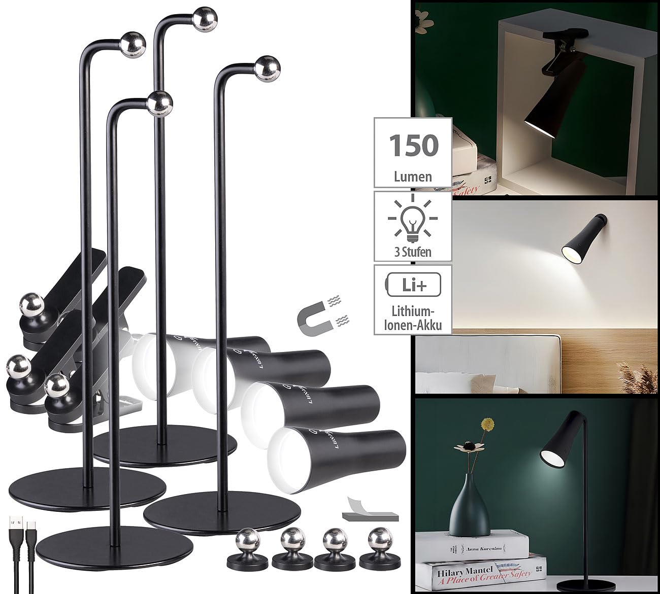 Lunartec Taschenlampen 4in1 Arbeitsleuchte schwarz 4er-Set 150lm