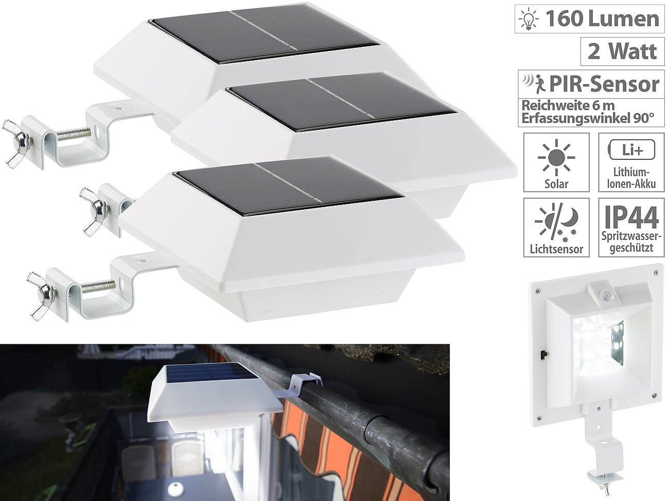 Lunartec Außenbeleuchtung Dachrinnen Solarlampe LED 3er-Set