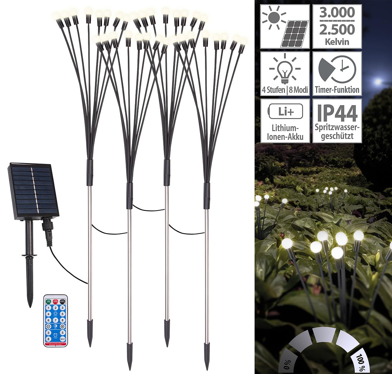 Lunartec Licht-Dekoration Solar-Glühwürmchen 4er-Set warmweiß Timer