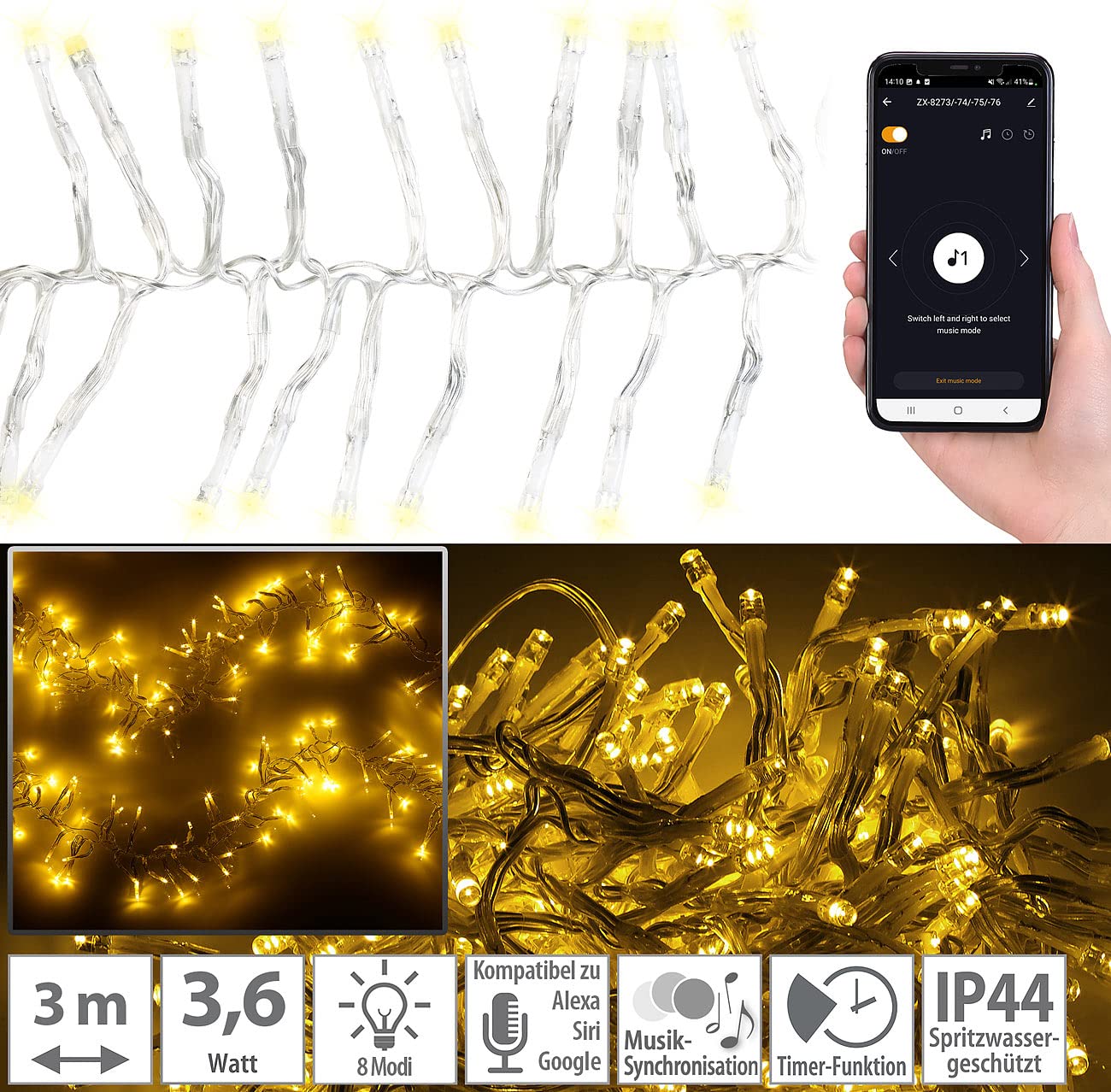 Lunartec Licht-Dekoration Büschel-Lichterkette 300 LEDs warmweiß 3m