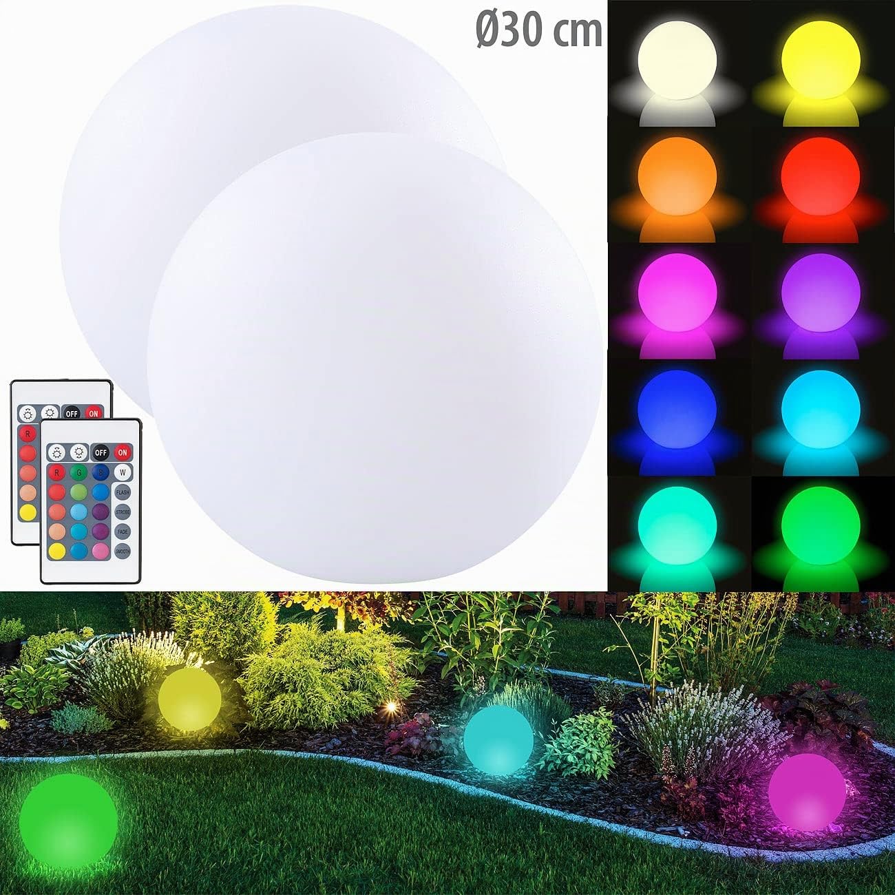 Lunartec Licht-Dekoration Akku-Leuchtkugeln 2er-Set 30cm RGBW