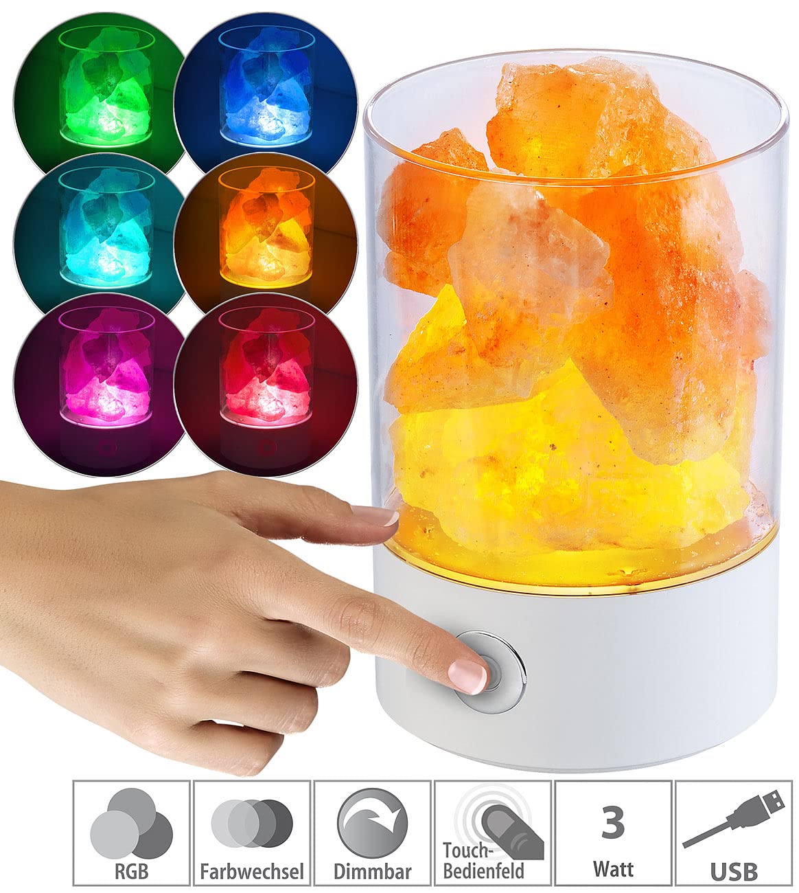 Lunartec Licht-Dekoration Salzkristall-Leuchte RGB USB 3W