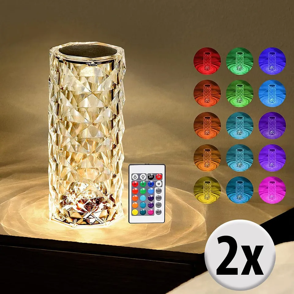 Lunartec Innenbeleuchtung LED-Tischlampe Kristall 2er-Set RGBW Akku