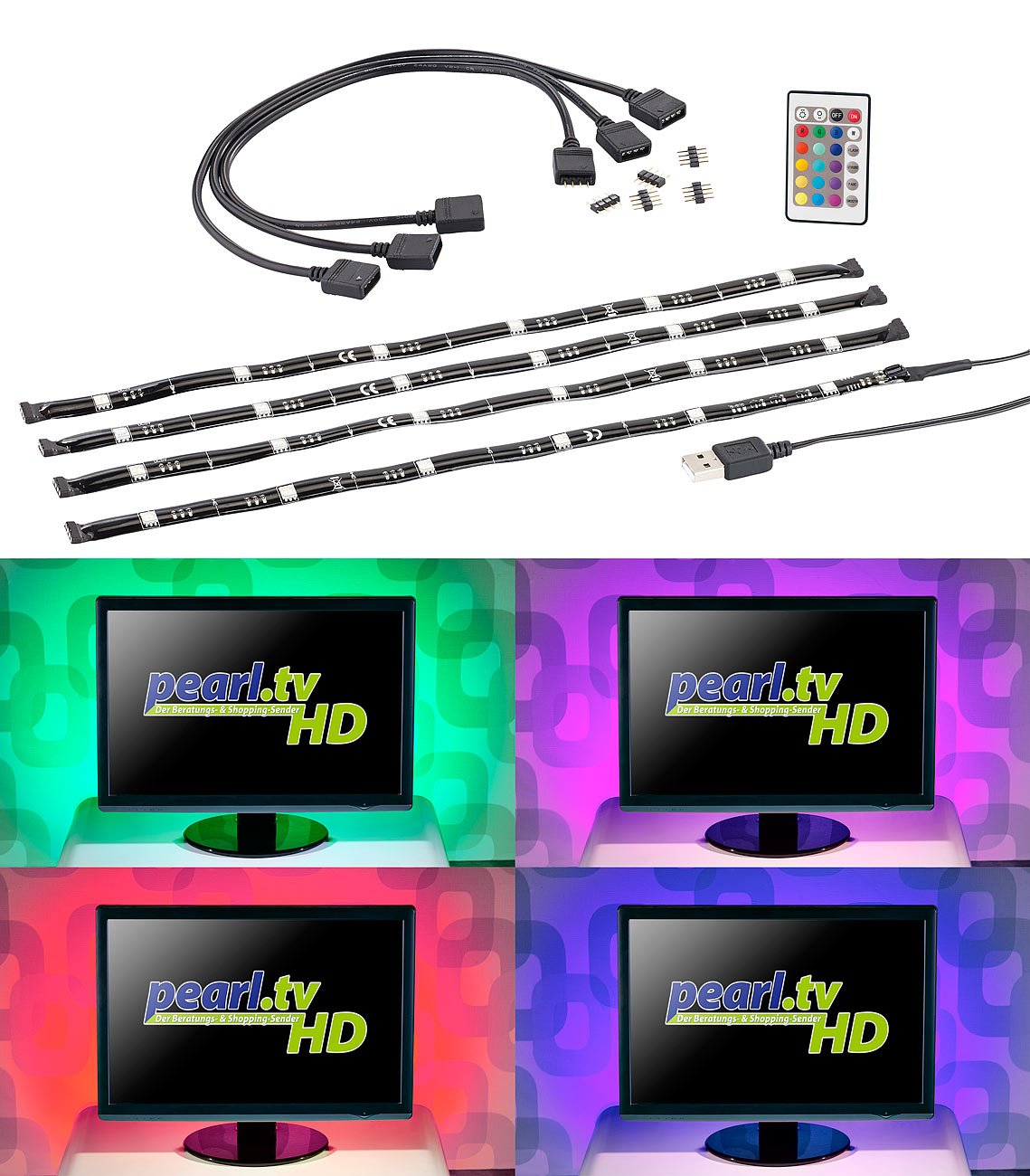 Lunartec Innenbeleuchtung TV-Hintergrundbeleuchtung RGB 4 Leisten USB