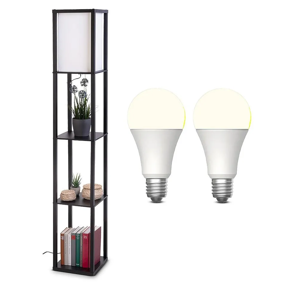 Lunartec Stehlampe Holz Regal schwarz E27 Stehleuchte mit LED