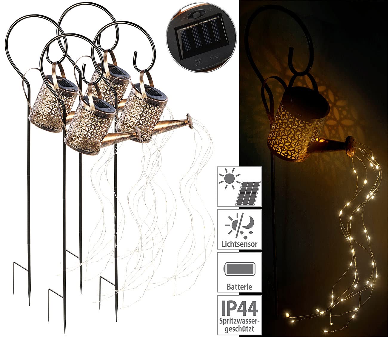 Lunartec Licht-Dekoration Solar-Gießkanne 4er-Set warmweiß Kupfer