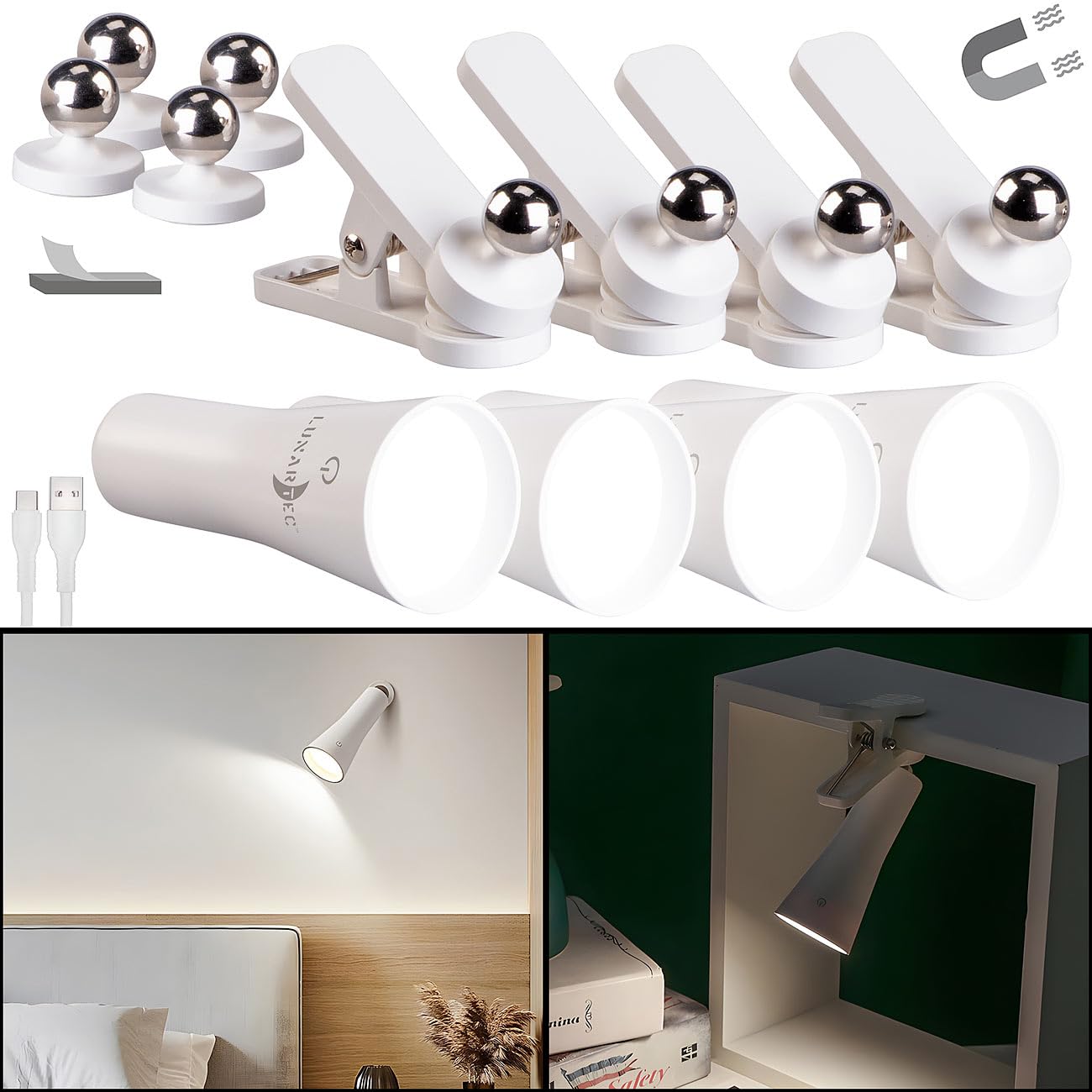 Lunartec Taschenlampen 3in1 Akku-Lampe weiß 4er-Set 150 lm