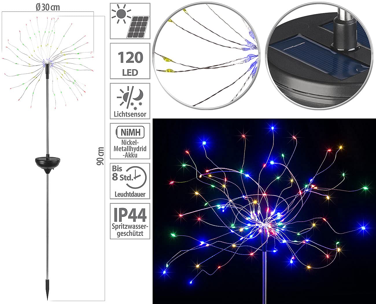 Lunartec Außenbeleuchtung Solar-Feuerwerk 120 LEDs bunt