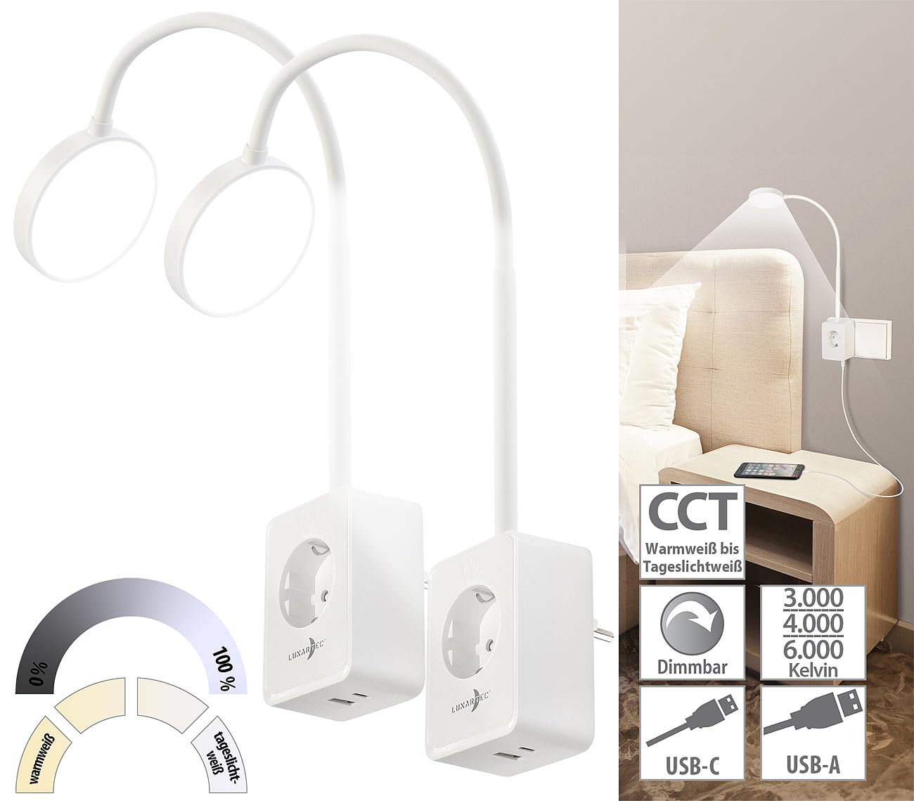 Lunartec Innenbeleuchtung CCT-Steckerleuchten 2er-Set schwarz USB