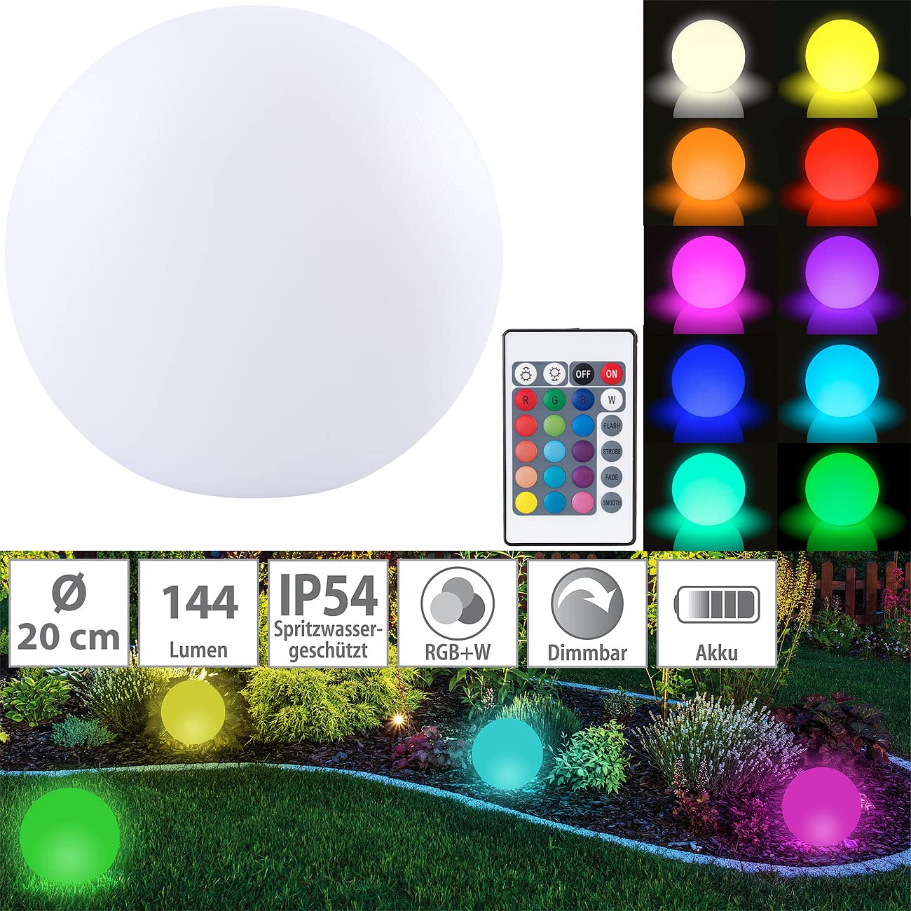 Lunartec Licht-Dekoration Leuchtkugel Akku Ø20cm RGBW IP54