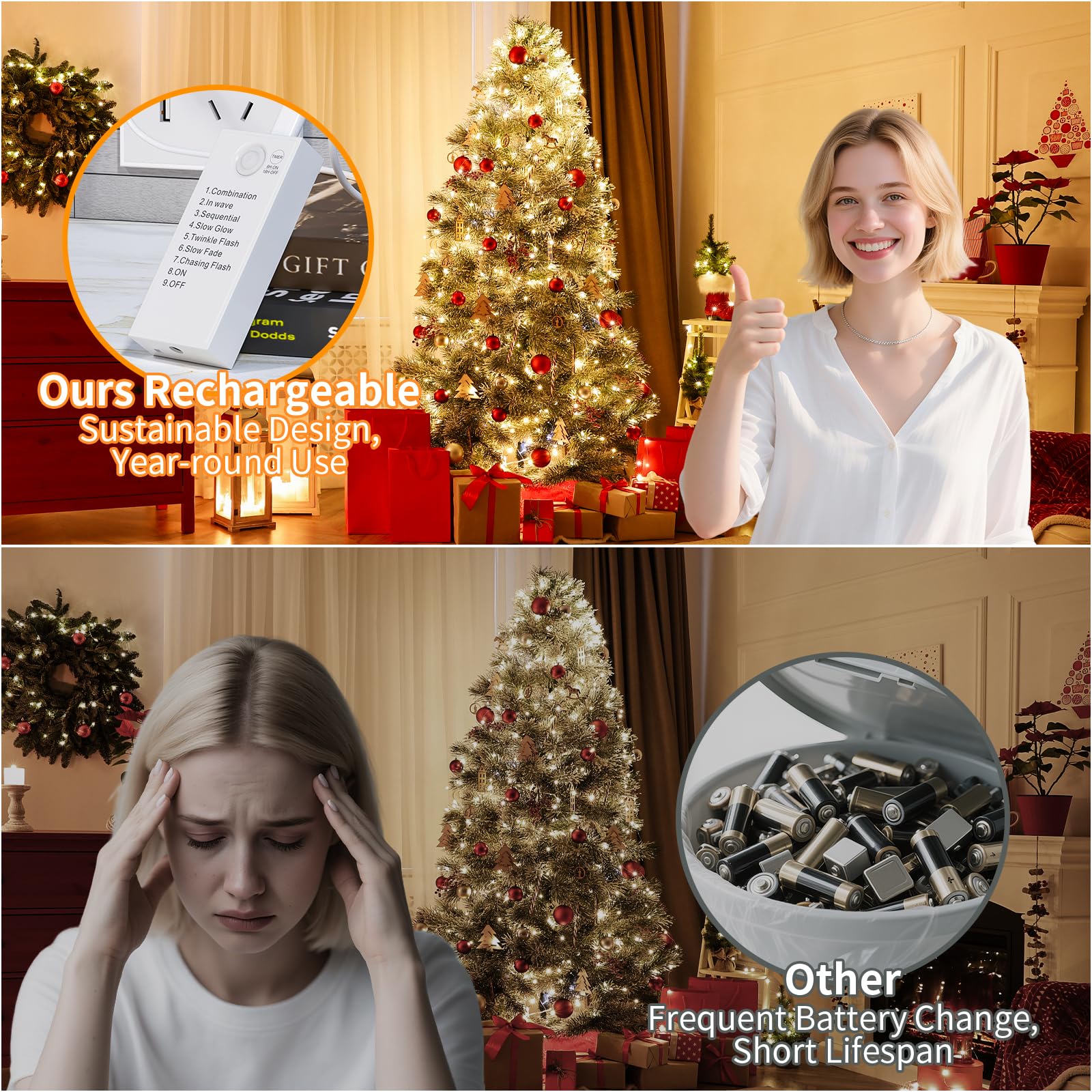 Bxroiu Lichterkette LED 50 LEDs 5 m warmweiß 2 Stück Timer