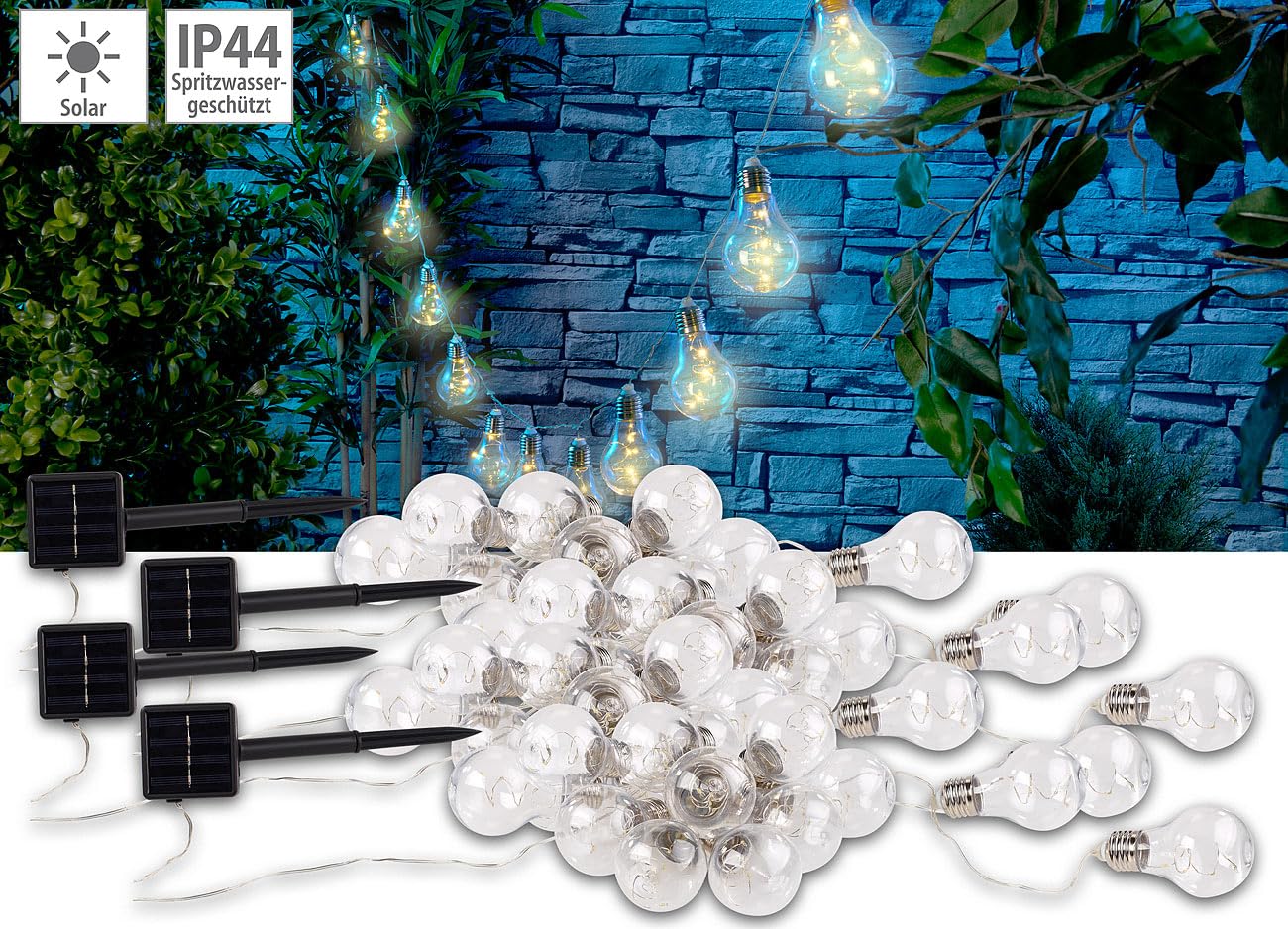 Lunartec Solar-Lichterkette Glühbirnen 2er-Set 8,5 m warmweiß