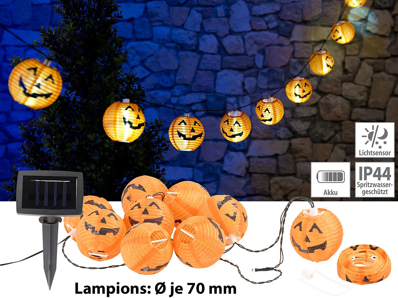 Lunartec Licht-Dekoration Solar-Kürbis-Lichterkette 10 LEDs IP44