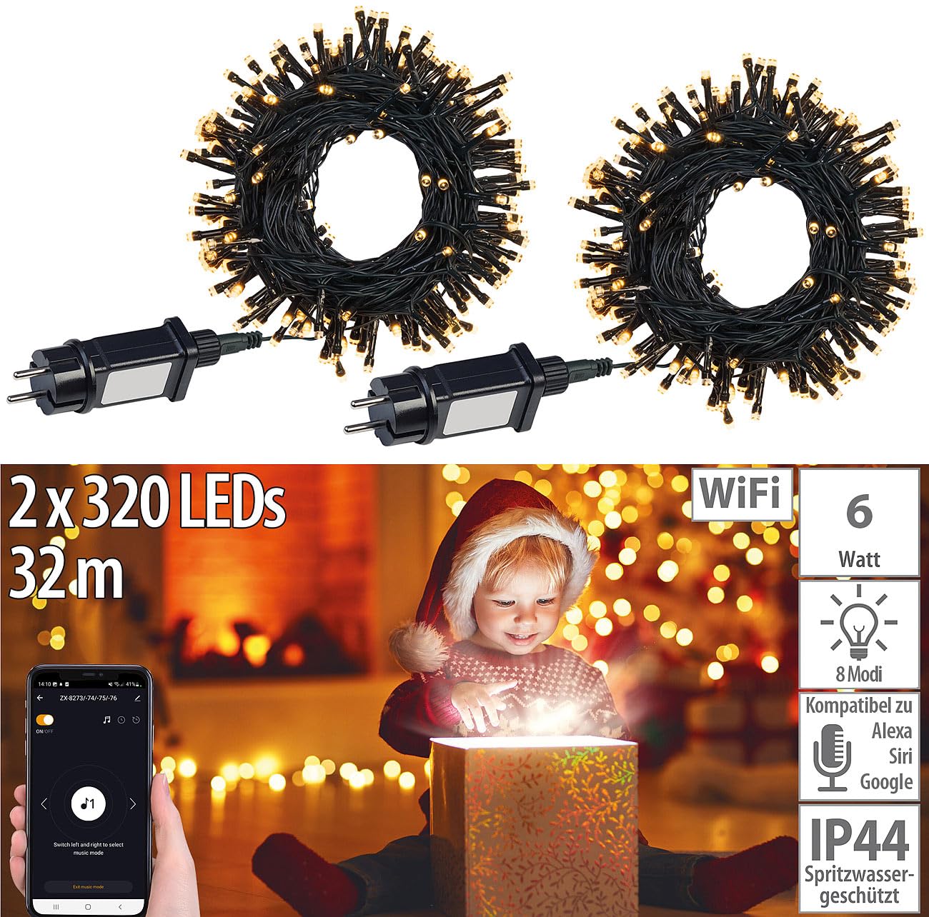 Lunartec Licht-Dekoration WLAN-Lichterkette 32m warmweiß 2er-Set